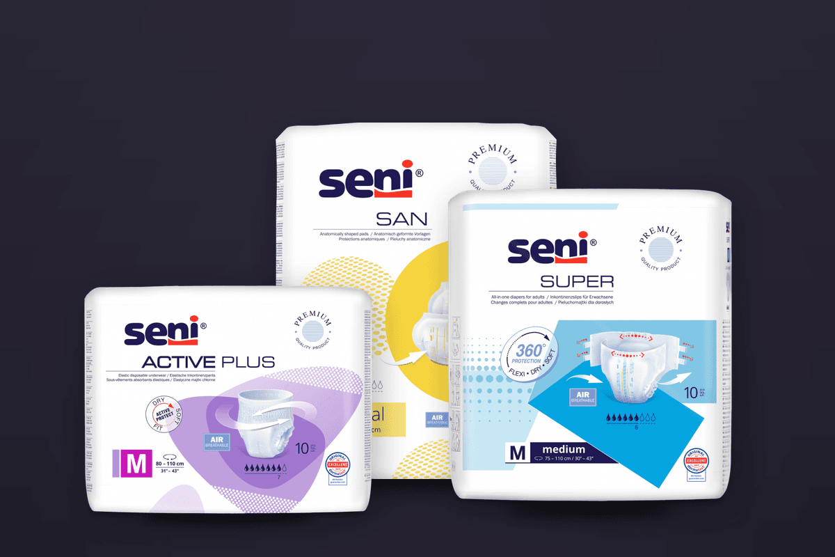 Seni-Inkontinenzprodukte auf Lavendel-Bühne